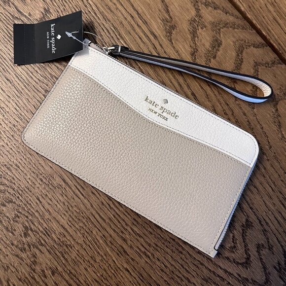 kate spade Handbags - NWT! Kate Spade Lucy Medium L-Zip Wristlet -Beige White Multi